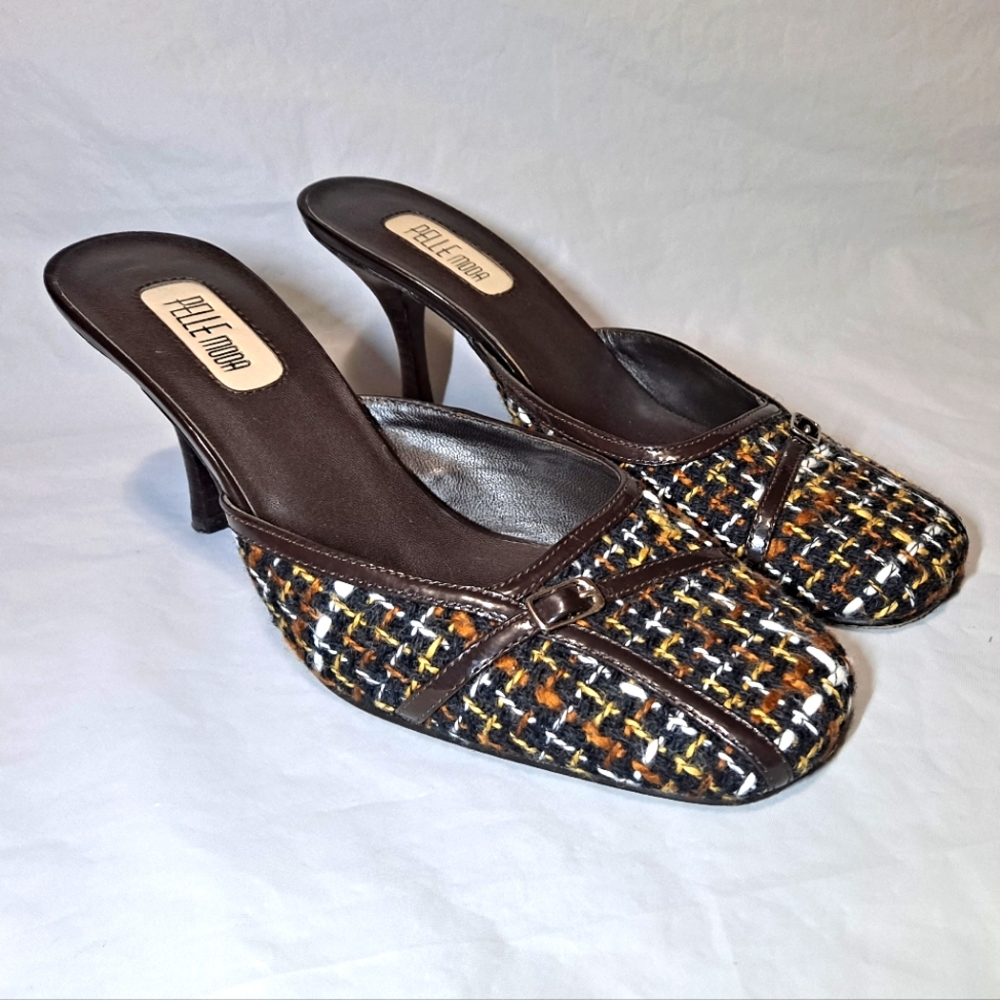 Pelle Moda Slides Women's 7.5M Brown/Tan Closed-toe Woven Upper 3" Heels Pumps